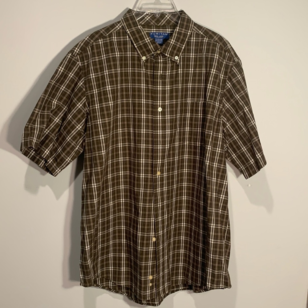 puritan Green and brown plaid button down short sleeve shirt XL (46-48)